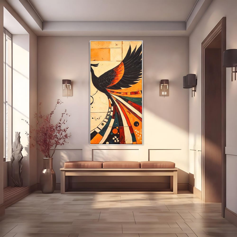 Tablou canvas cu tablou canvas cu pasar phoenix stilizata, in rama de aluminiu argintiu